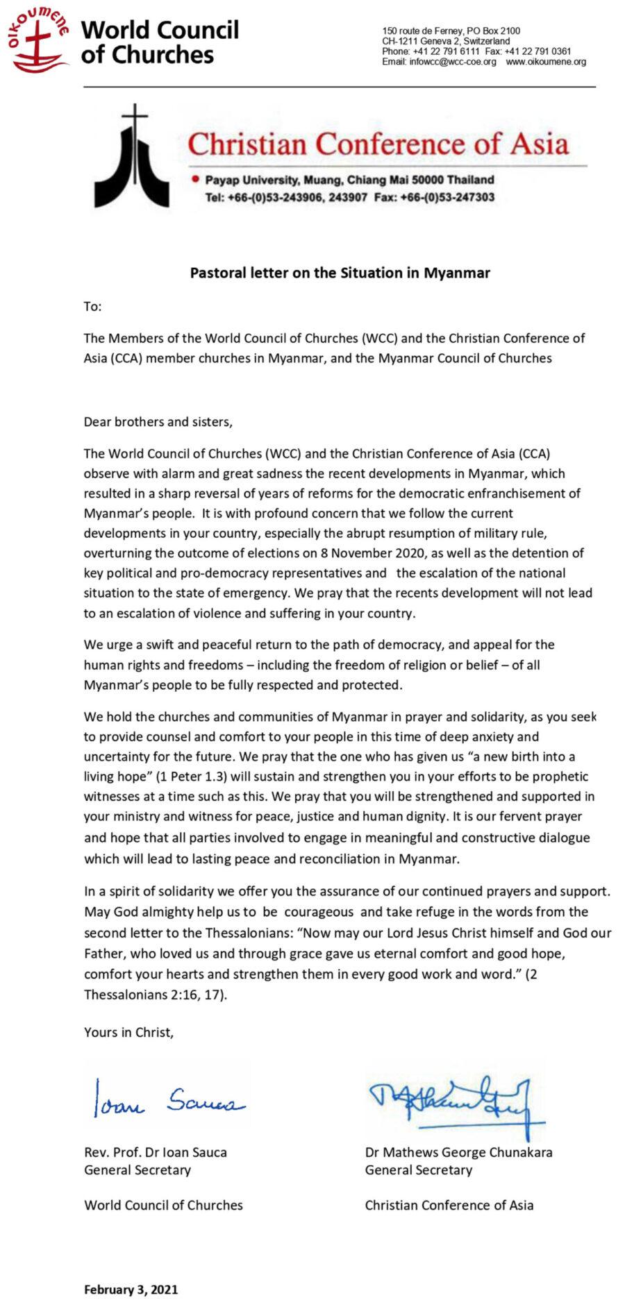 WCC and CCA leaders hope abrupt resumption of military rule will not lead to escalation of violence in Myanmar